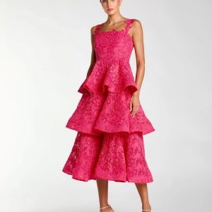 Pink Sleeveless Embroidered Lace Ruffle Midi Dress