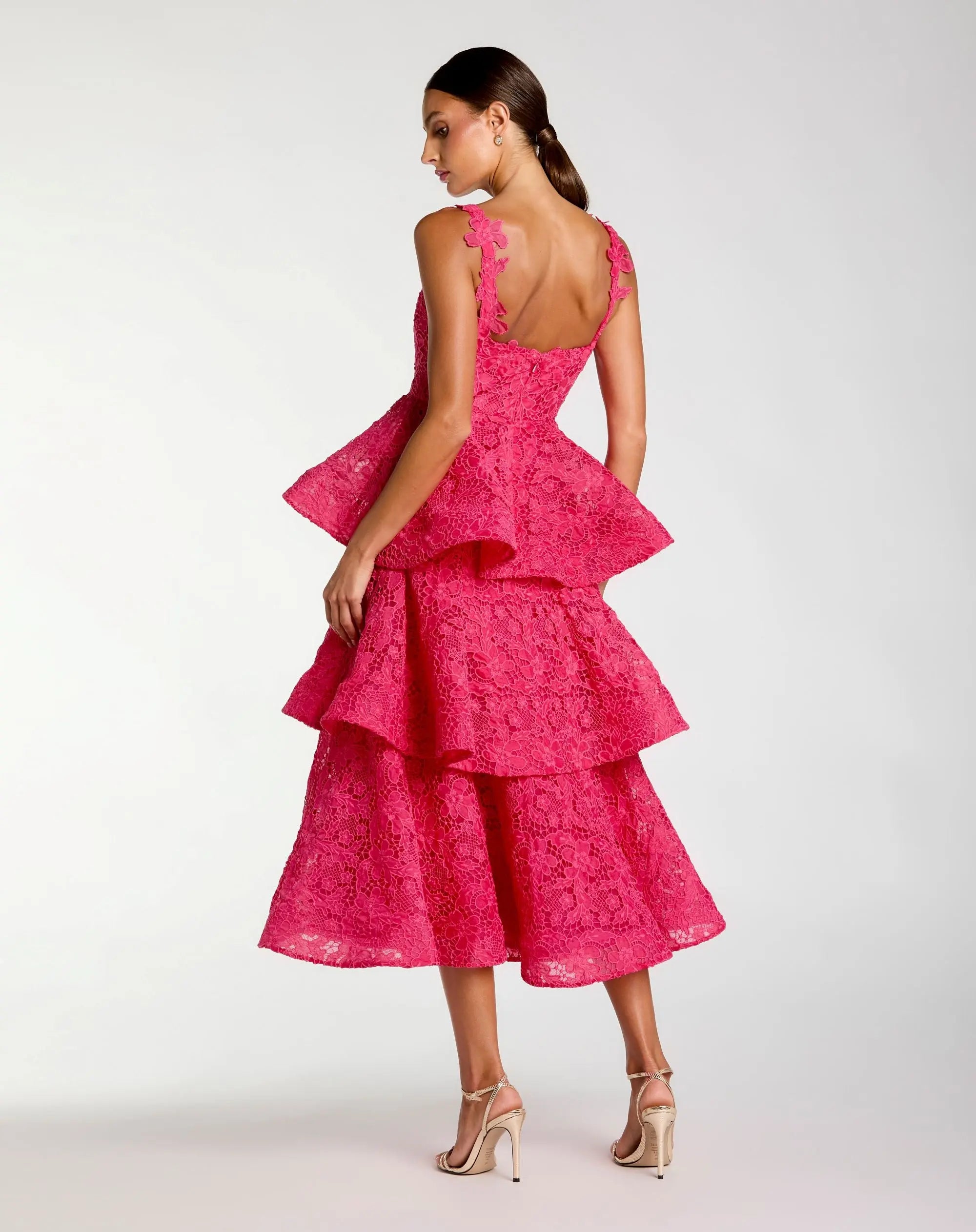 Pink Sleeveless Embroidered Lace Ruffle Midi Dress - Image 3