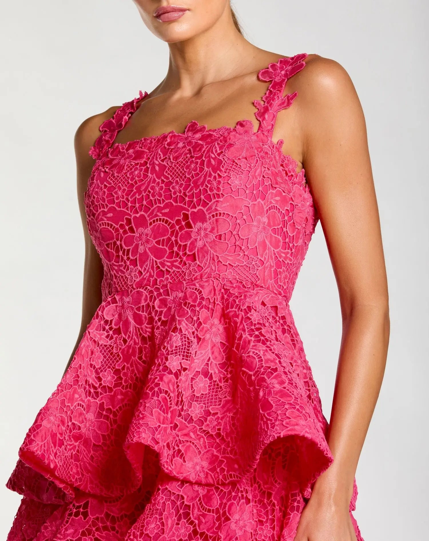 Pink Sleeveless Embroidered Lace Ruffle Midi Dress - Image 2