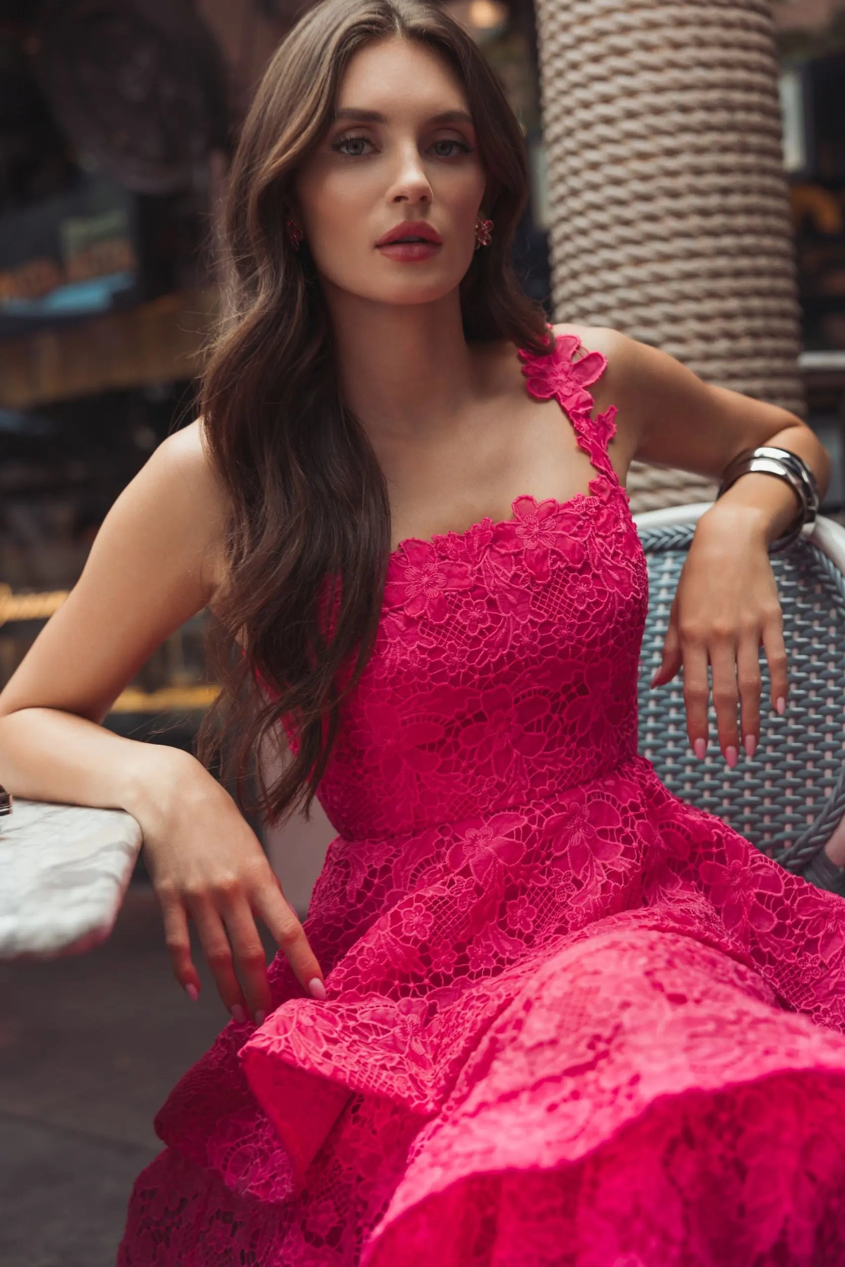 Pink Sleeveless Embroidered Lace Ruffle Midi Dress - Image 5