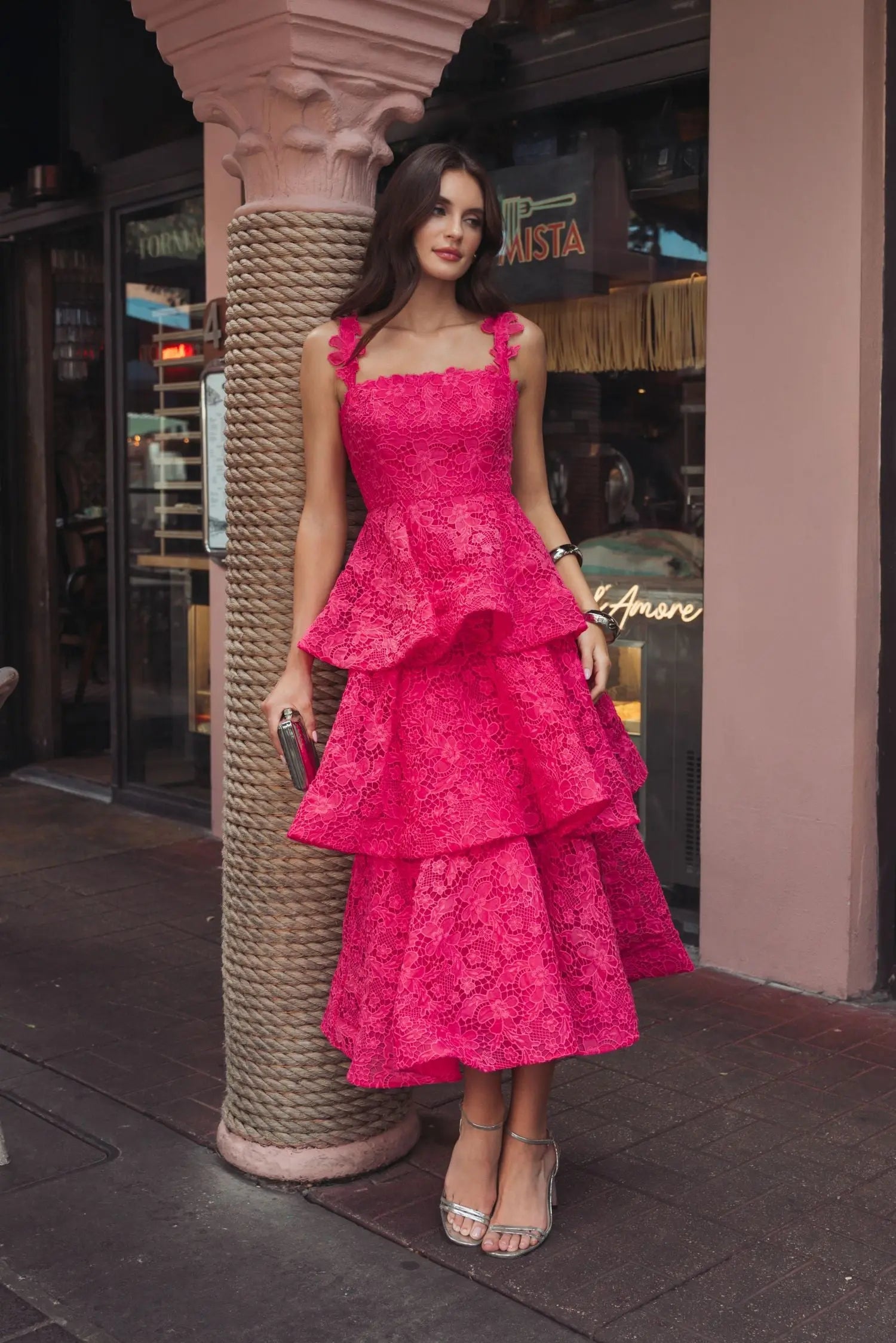 Pink Sleeveless Embroidered Lace Ruffle Midi Dress - Image 6