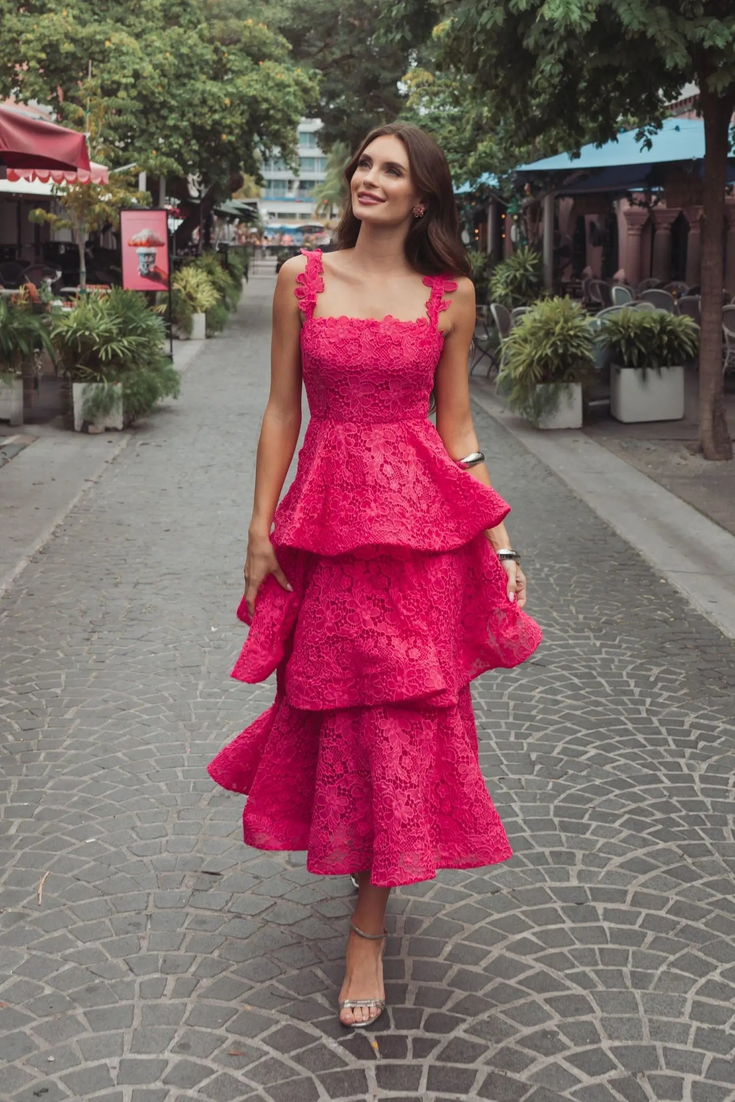 Pink Sleeveless Embroidered Lace Ruffle Midi Dress - Image 4