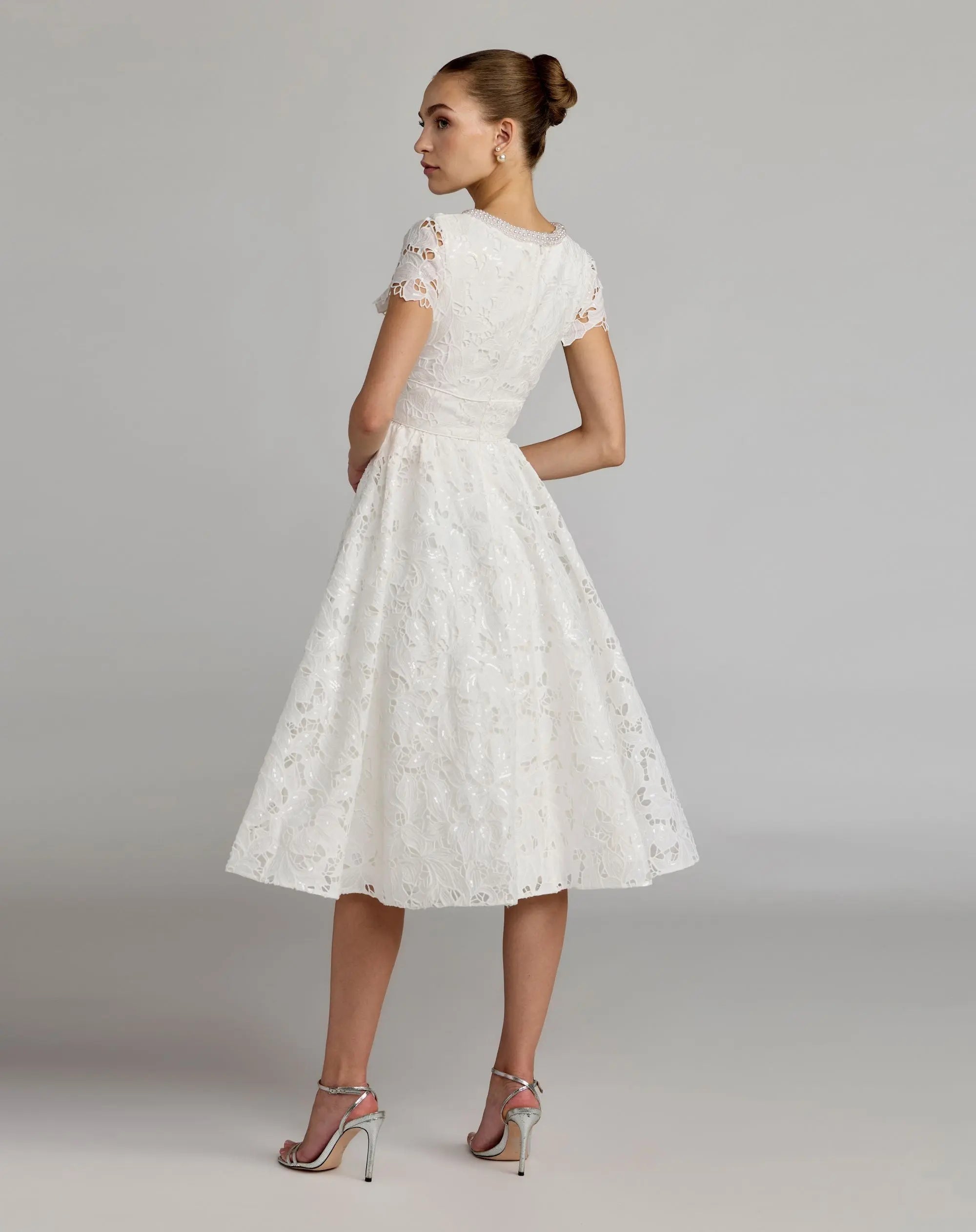 White Embroidered Lace A Line Midi Dress - Image 3