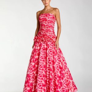 Pink Strapless Chiffon Ball Gown With 3D Flowers