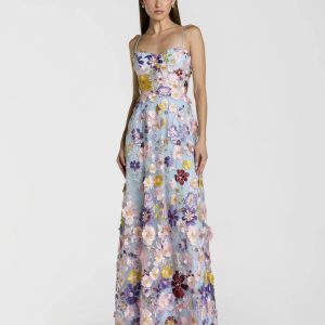 Blue Spaghetti Strap Floral Embroidered A-Line Gown