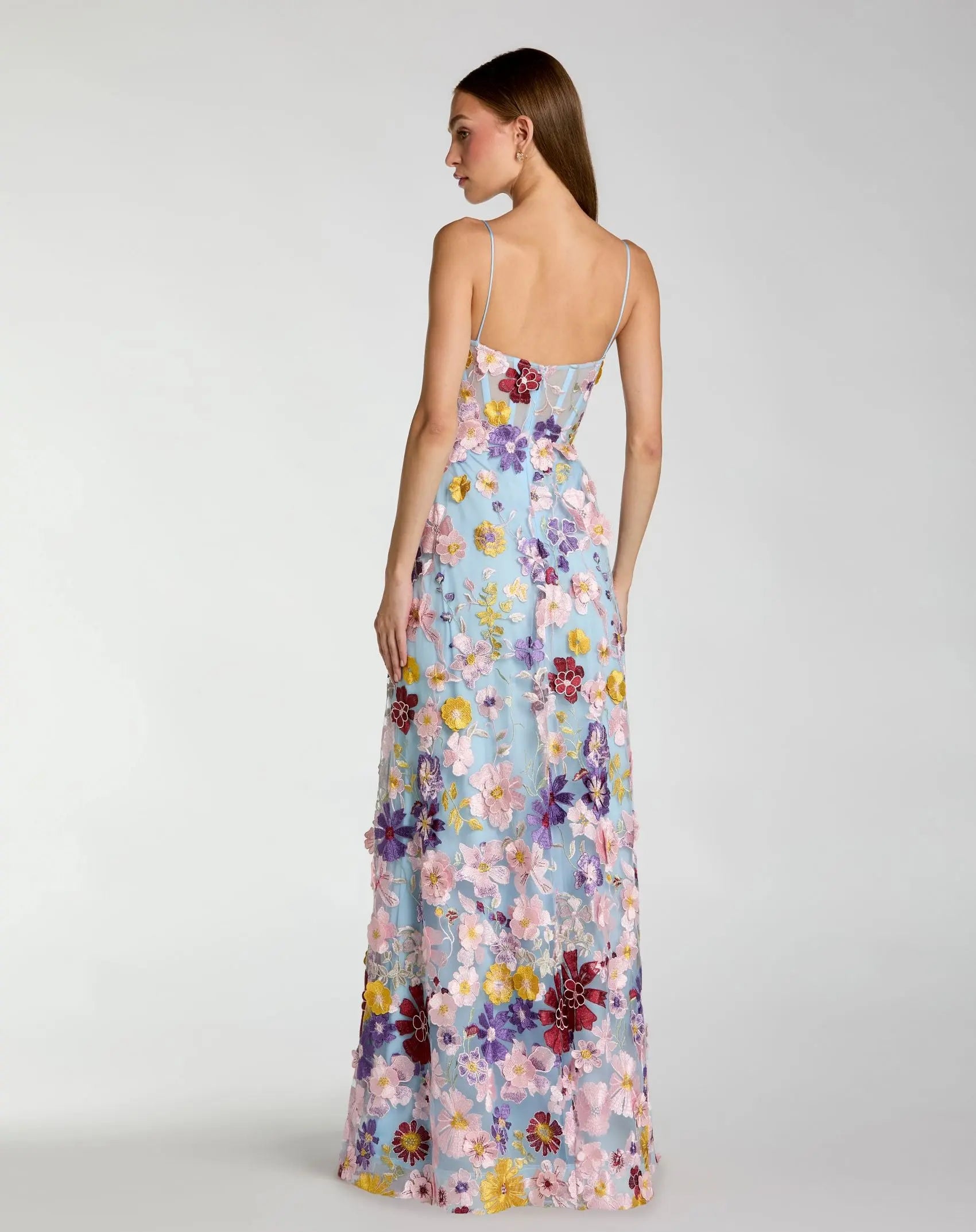 Blue Spaghetti Strap Floral Embroidered A-Line Gown - Image 3