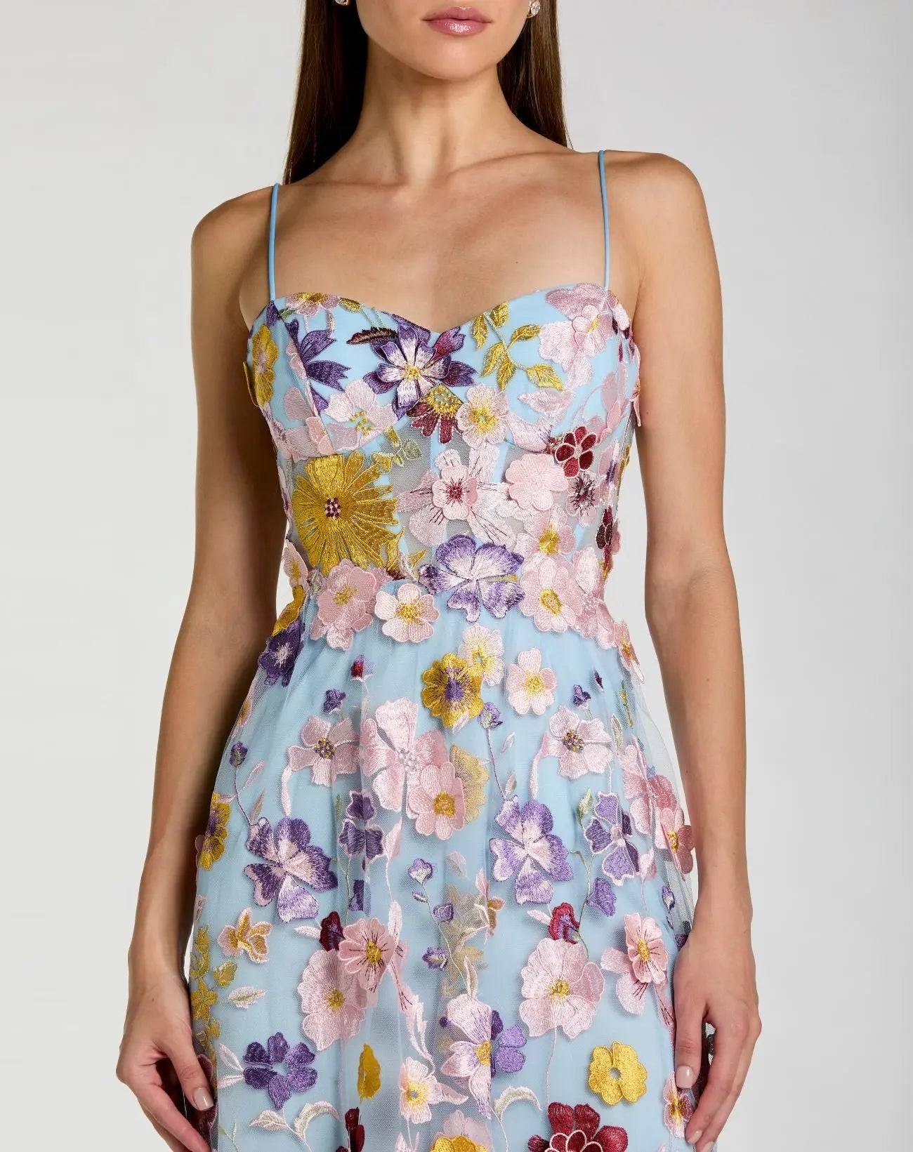 Blue Spaghetti Strap Floral Embroidered A-Line Gown - Image 2