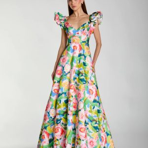 Multicolor Floral Ruffle Cap Sleeve Ball Gown