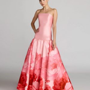 Pink Printed Mikado Strapless Drop Waist Ball Gown