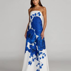 White Floral Printed Strapless Crepe Trapeze Gown