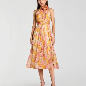 Multicolor Floral Halter Neck Midi Dress With 3D Flower