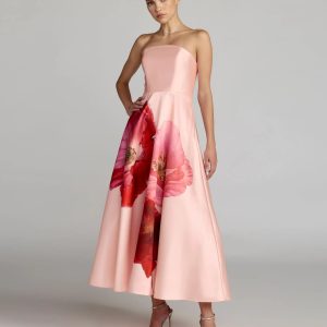 Pink Strapless A Line Midi Dress With Flower Print
