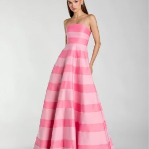 Pink Striped Strapless Satin Ballgown With Pockets