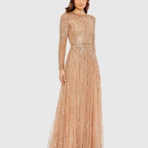 Beige Illusion High Neck Long Sleeve Embellished Gown