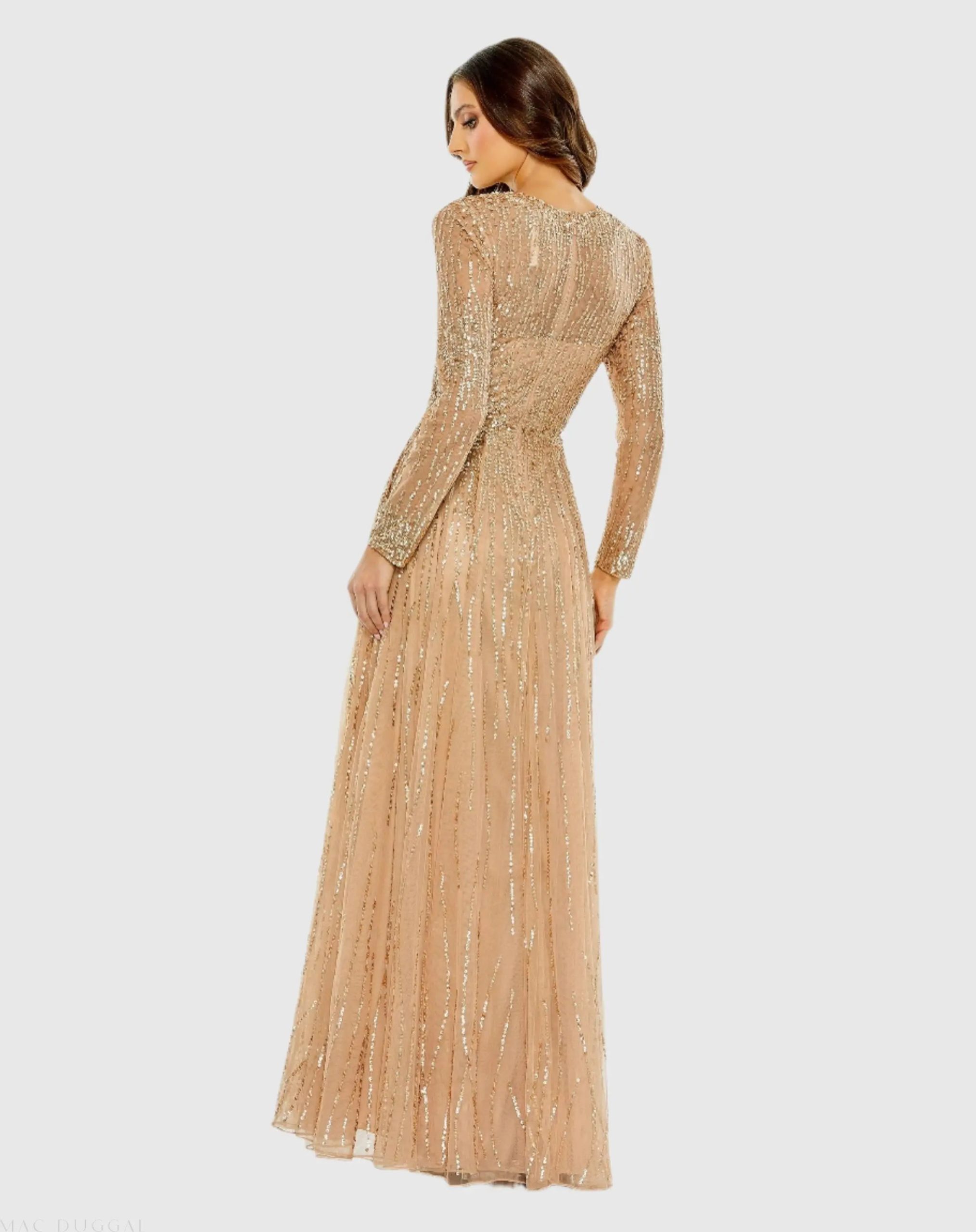 Beige Illusion High Neck Long Sleeve Embellished Gown - Image 3