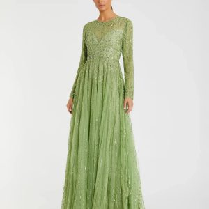 Green Illusion High Neck Long Sleeve Embellished Gown