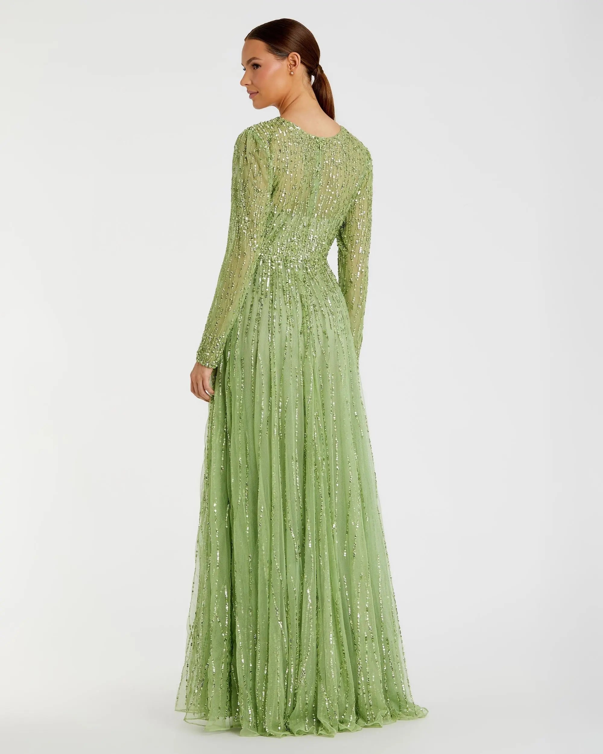 Green Illusion High Neck Long Sleeve Embellished Gown - Image 3