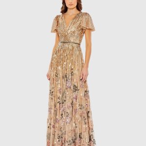 Flounce Sleeve V Neck Gown