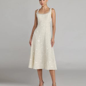 Ivory Embellished Boucle Sleeveless A-Line Midi Dress