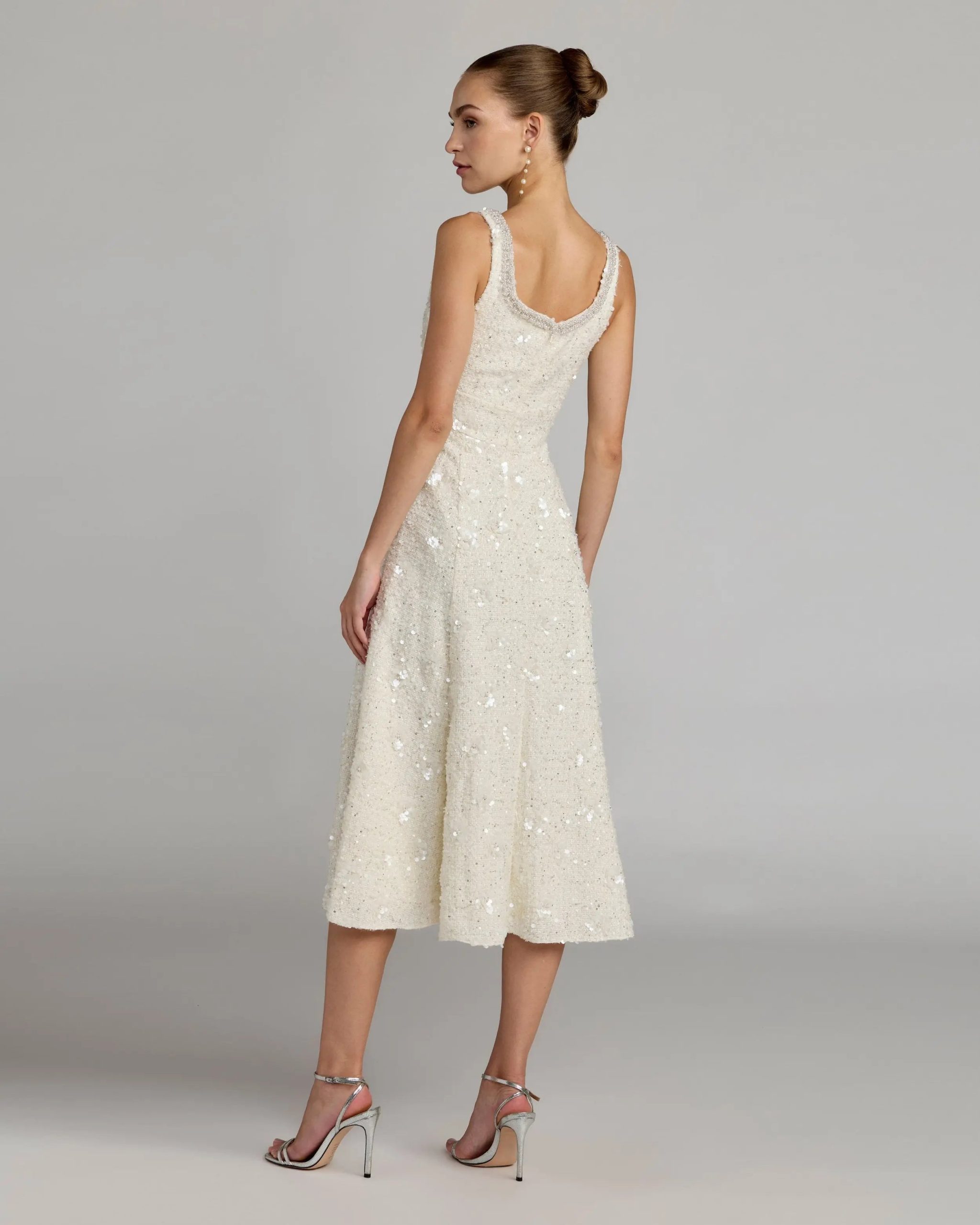 Ivory Embellished Boucle Sleeveless A-Line Midi Dress - Image 3