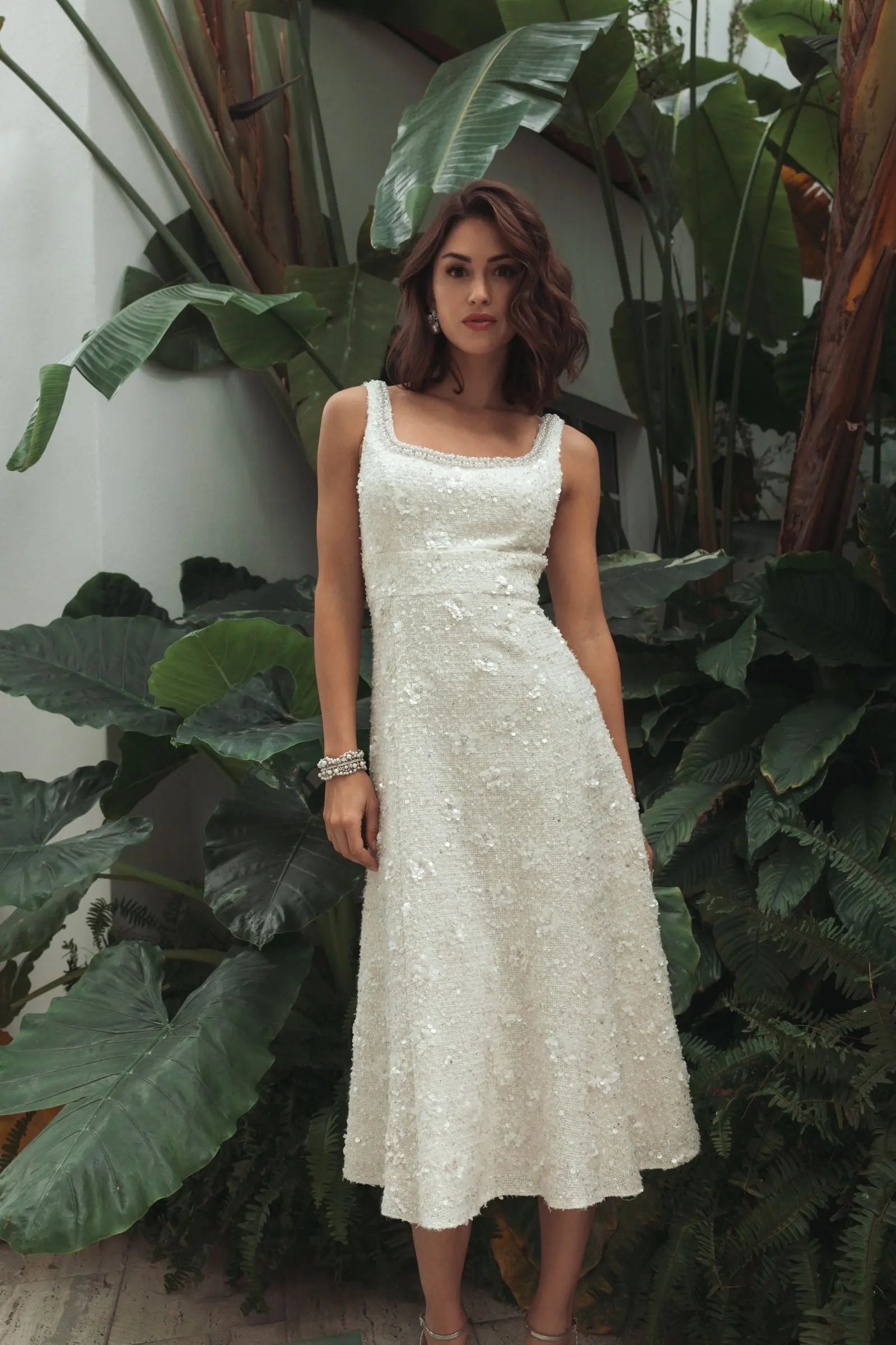Ivory Embellished Boucle Sleeveless A-Line Midi Dress - Image 6