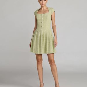 Green Tweed Cap Sleeve Pleated Mini Dress