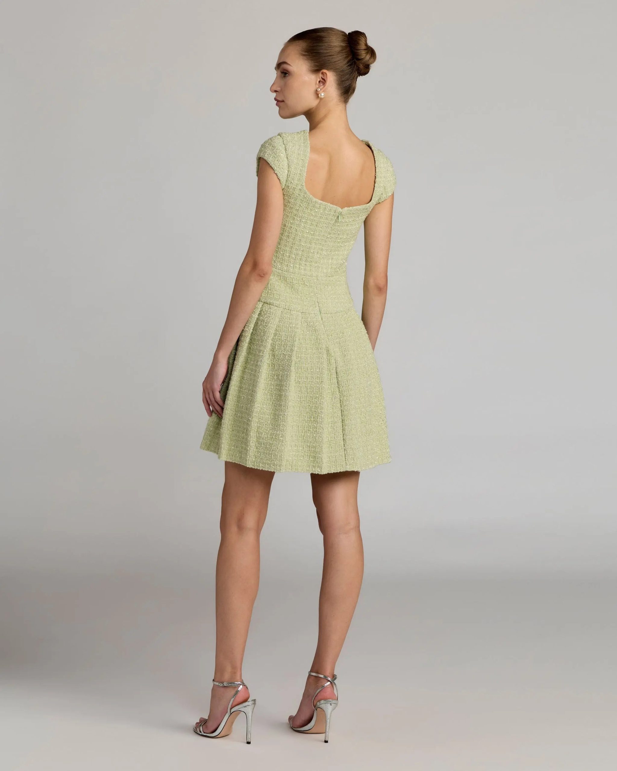 Green Tweed Cap Sleeve Pleated Mini Dress - Image 4