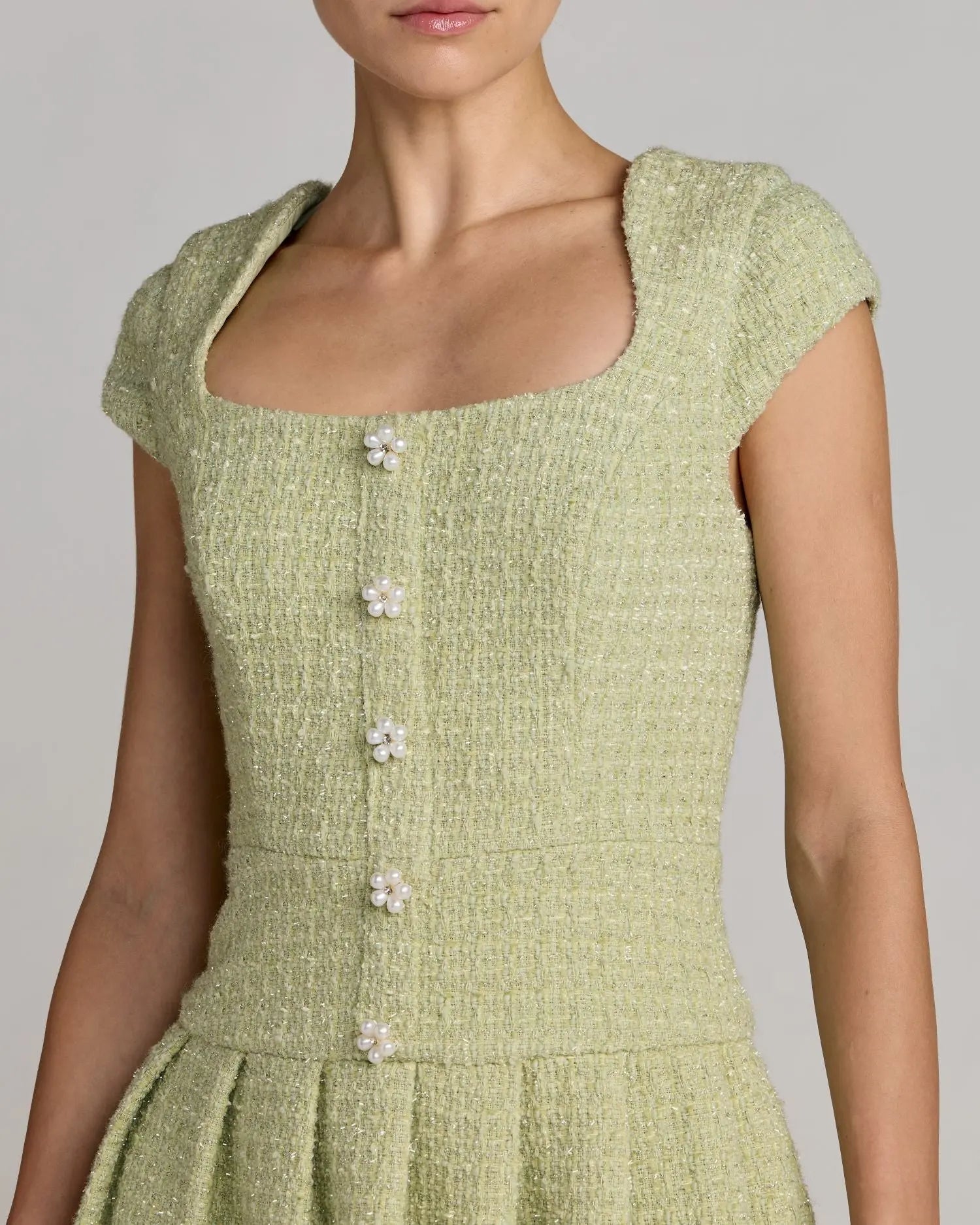 Green Tweed Cap Sleeve Pleated Mini Dress - Image 2