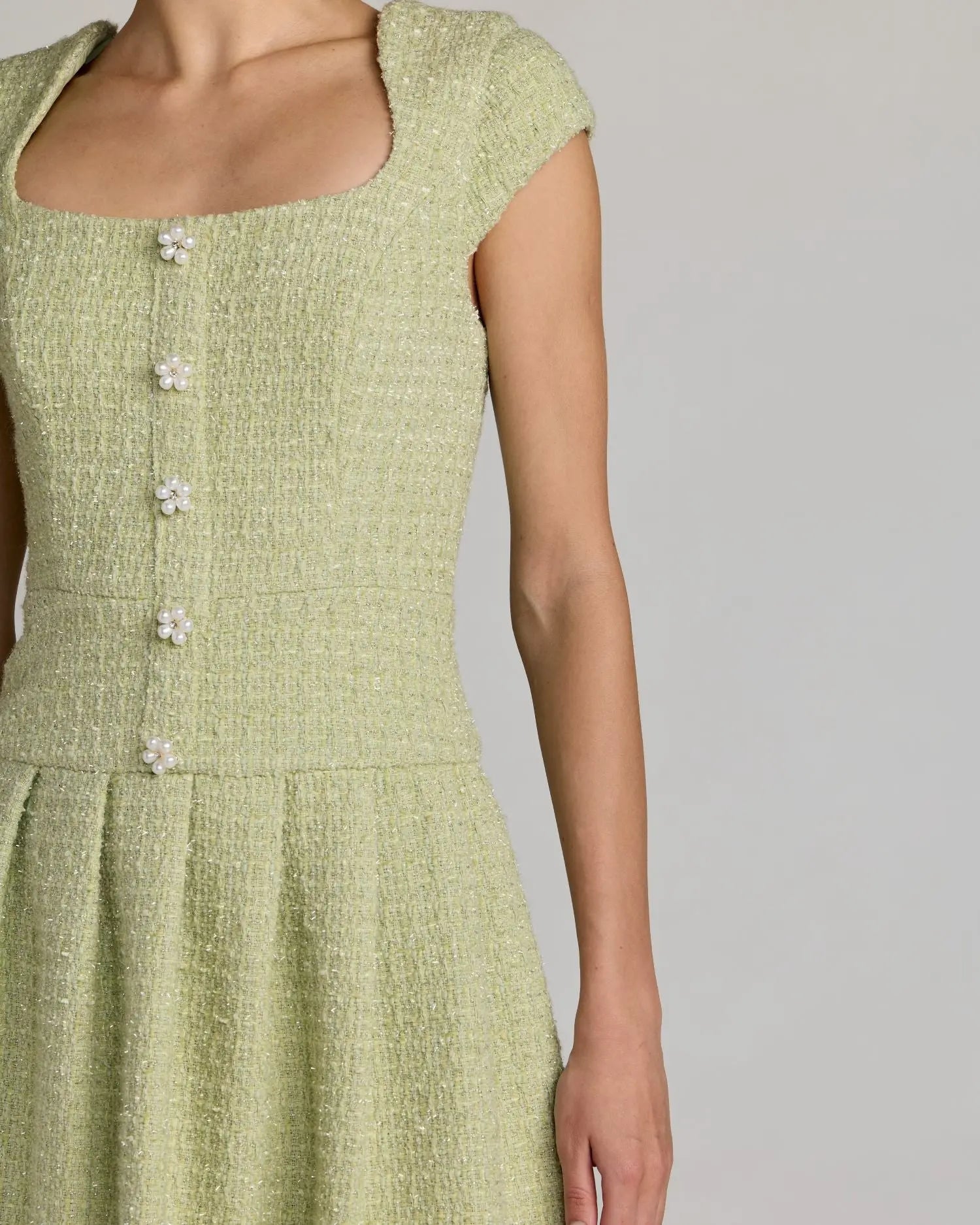 Green Tweed Cap Sleeve Pleated Mini Dress - Image 3