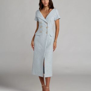 Blue Boucle Cap Sleeve Fitted Midi Dress