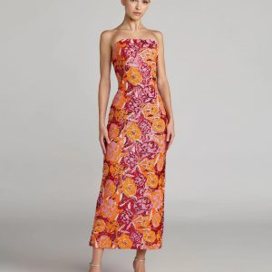 Pink and Orange Strapless Floral Sequin Midi Dress