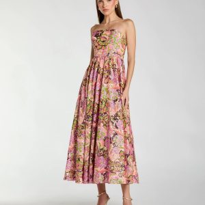 Multicolor Strapless Sequin Floral Midi Dress