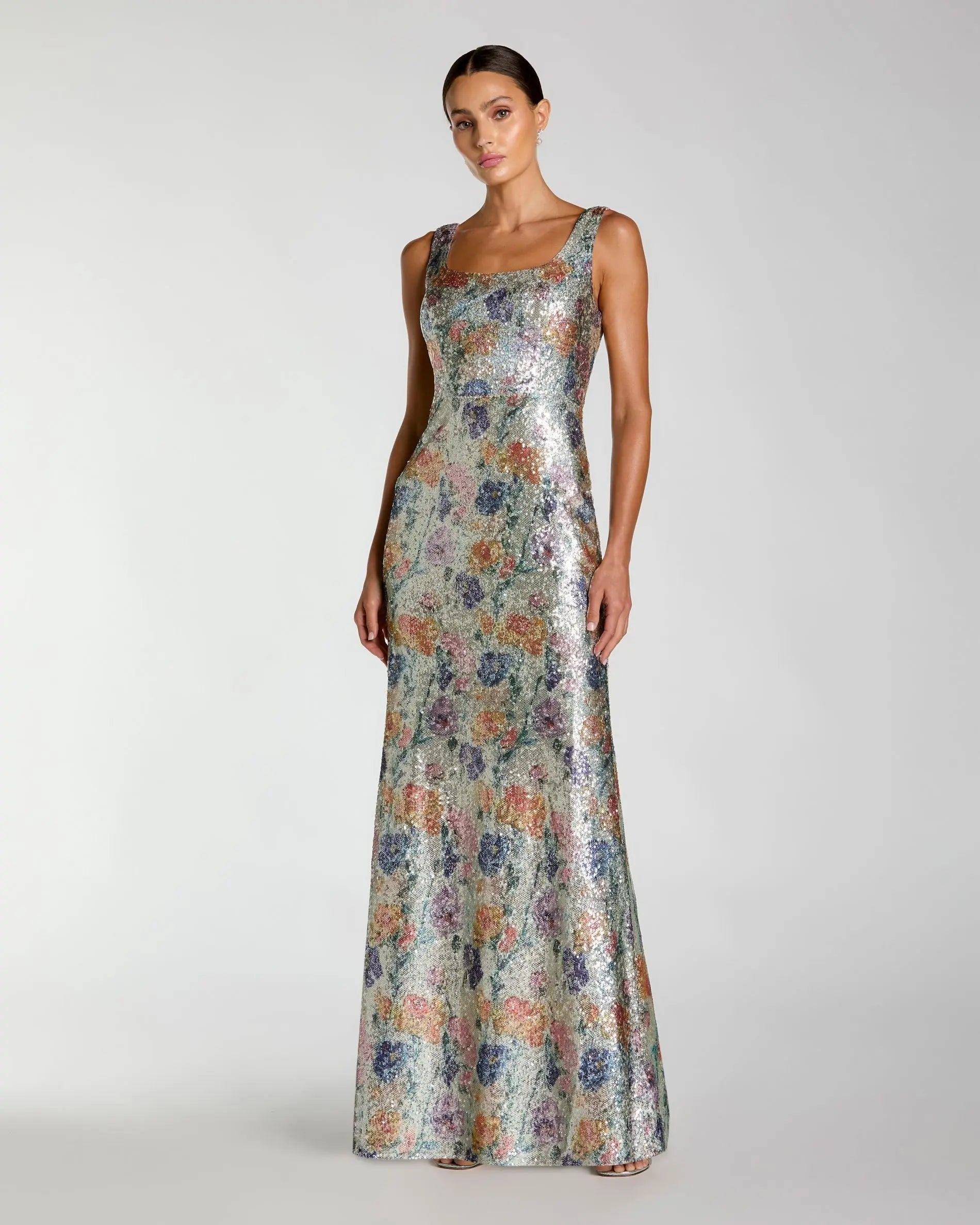 Silver Floral Sequin Sleeveless Square Neck Fitted Gown