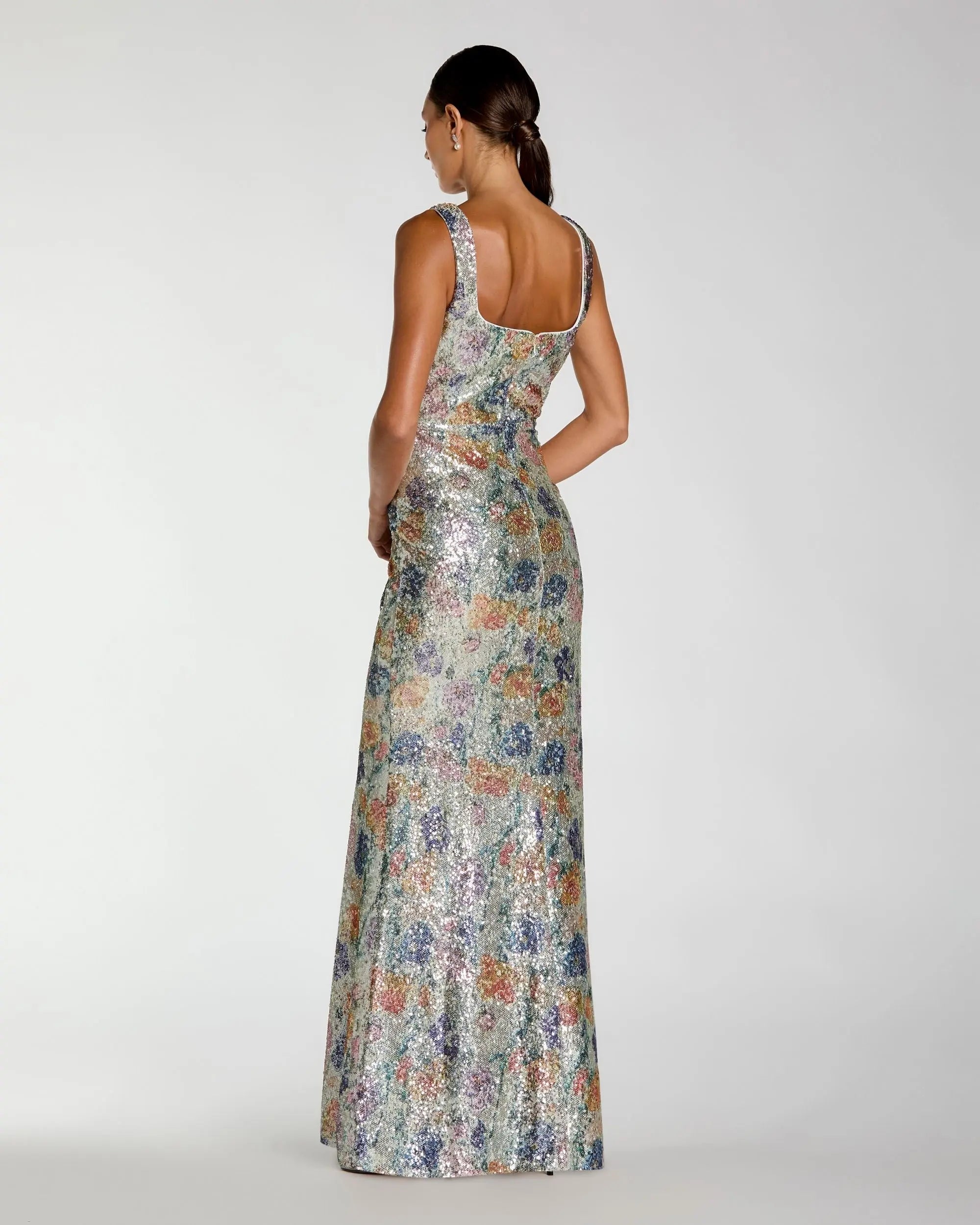 Silver Floral Sequin Sleeveless Square Neck Fitted Gown - Image 3