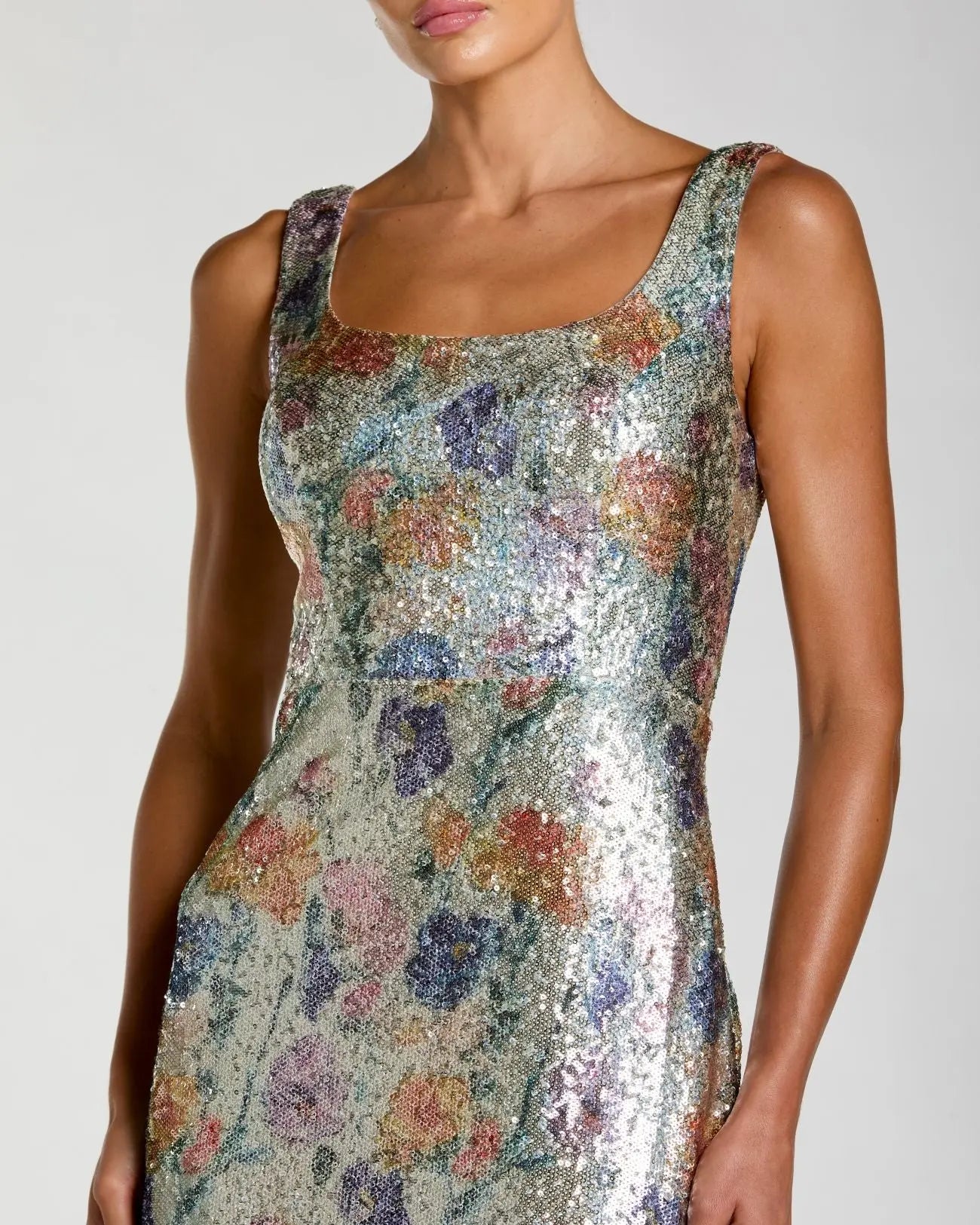 Silver Floral Sequin Sleeveless Square Neck Fitted Gown - Image 2