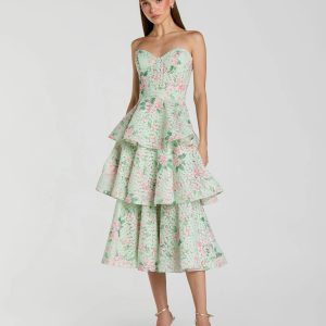 Green Floral Tiered Strapless Midi Dress