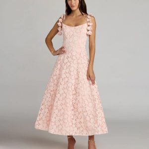 Pink Scoop Neck Floral A-Line Midi Dress