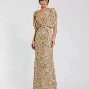 Gold Sequin Draped Sleeve V-Neck Gown