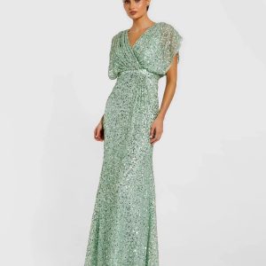 Green Sequin Draped Sleeve V-Neck Gown