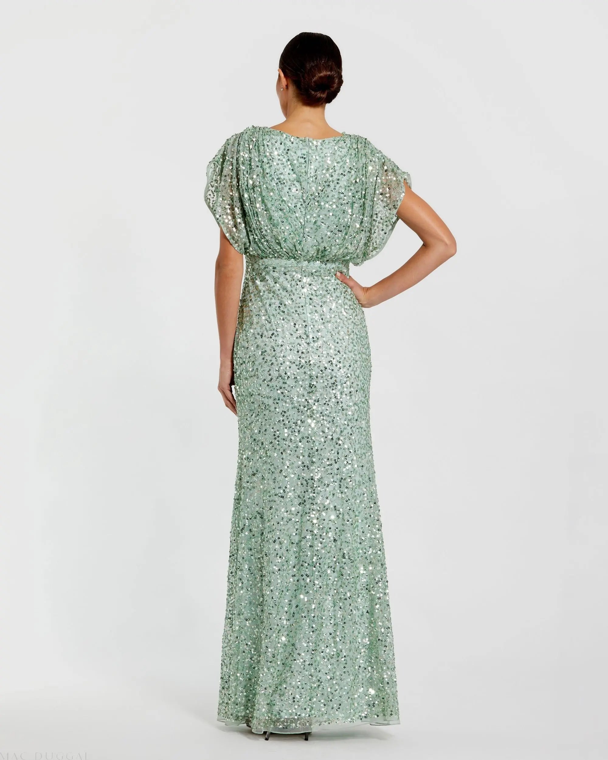 Green Sequin Draped Sleeve V-Neck Gown - Image 3
