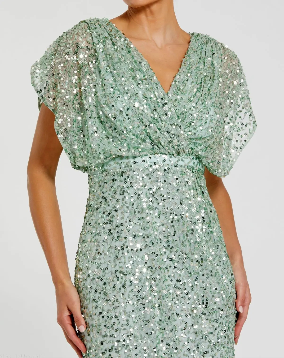 Green Sequin Draped Sleeve V-Neck Gown - Image 2