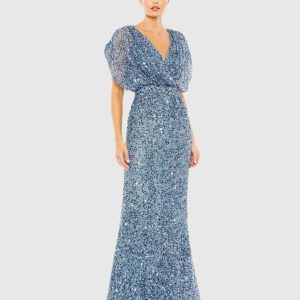 Blue Sequin Draped Sleeve V-Neck Gown