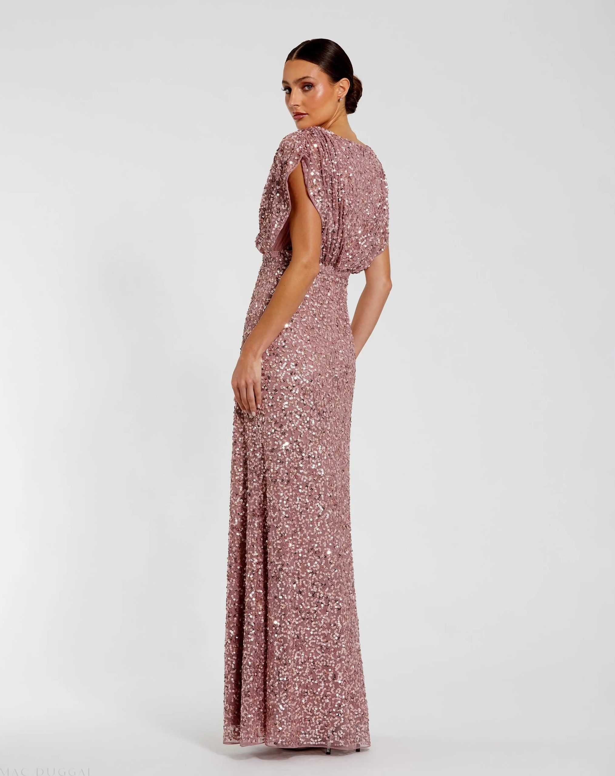 Purple Sequin Draped Sleeve V-Neck Gown - Image 3