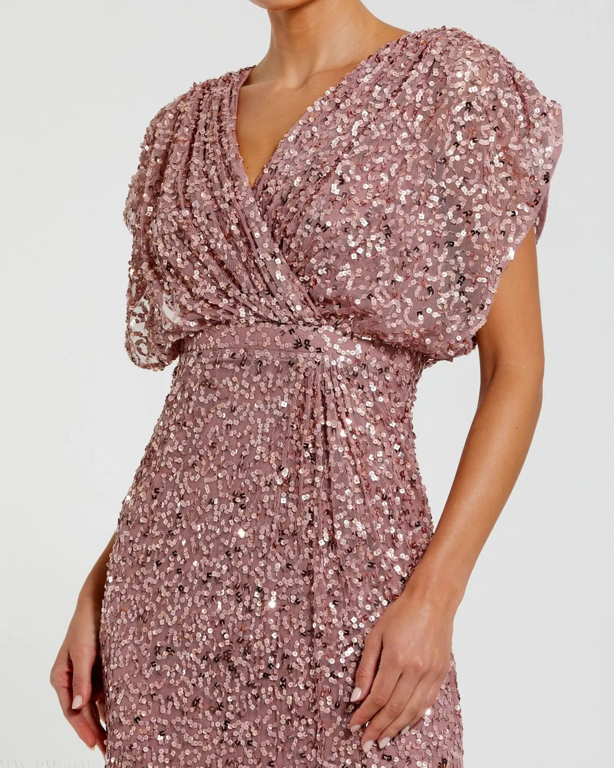 Purple Sequin Draped Sleeve V-Neck Gown - Image 2