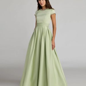Green Embellished Satin Cap Sleeve Ball Gown