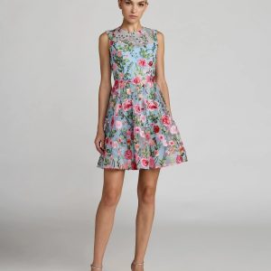 Blue Floral Embroidered Sleeveless A-Line Mini Dress