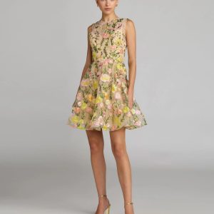 Yellow Floral Embroidered Sleeveless A-Line Mini Dress