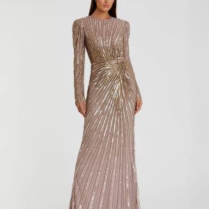 Brown Embellished Puff Sleeve Side Knot Gown