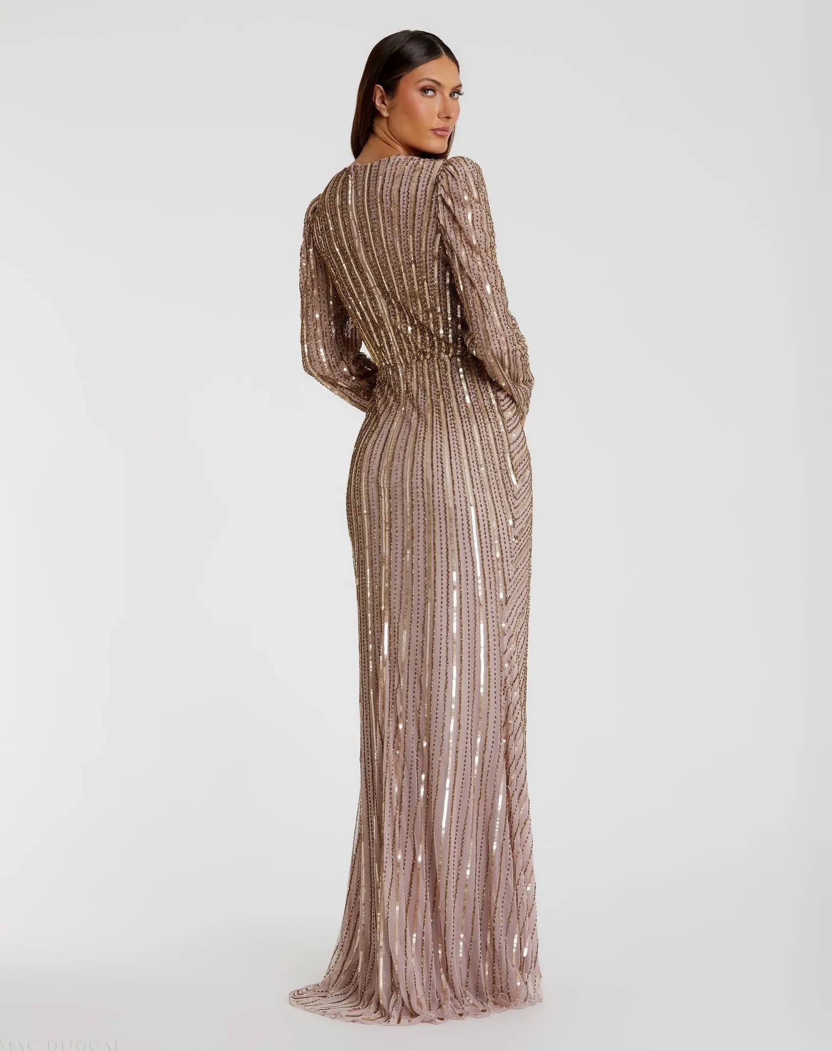 Brown Embellished Puff Sleeve Side Knot Gown - Image 3