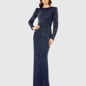 Navy Embellished Puff Sleeve Side Knot Gown